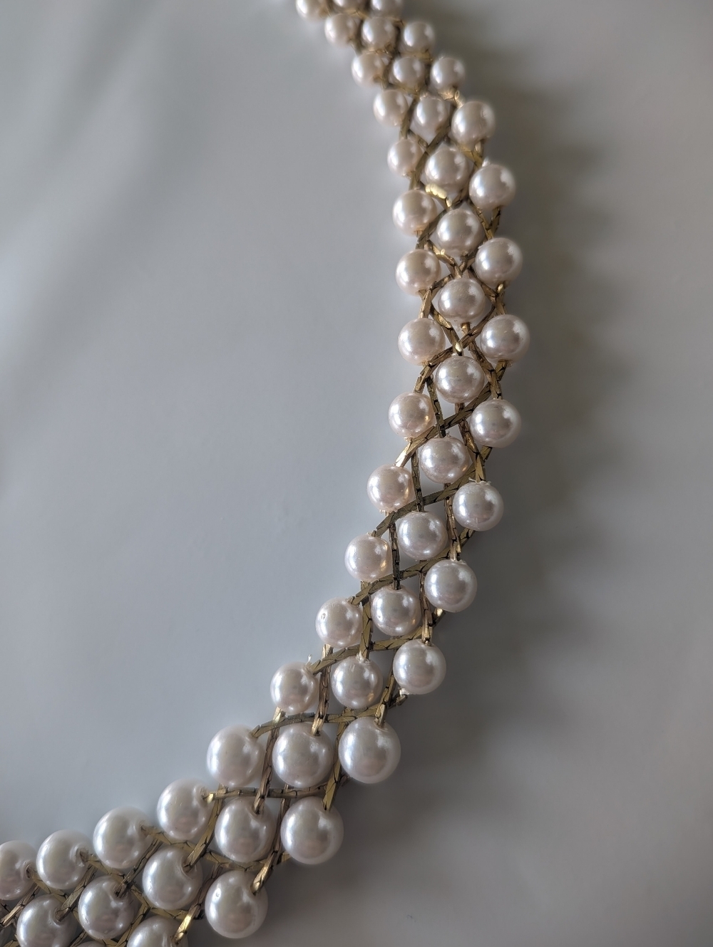 Triple Strand Gold Woven Faux Pearl Necklace - Picture 3 of 8